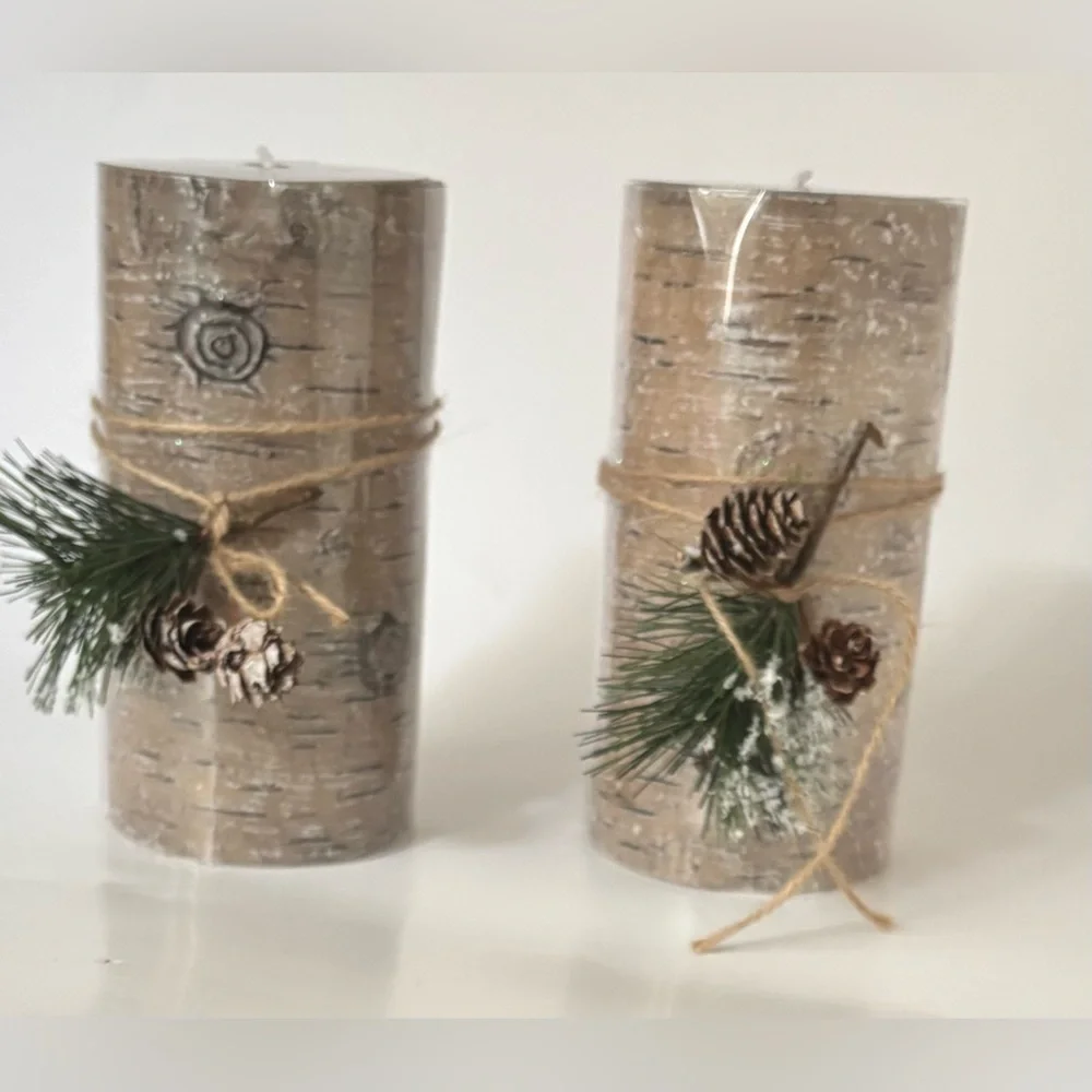Rustic tree theme pillar candles NWT NEW 2 total 6 in Christmas Xmas festive